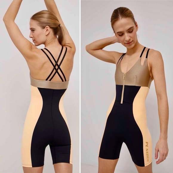 PE Nation Downswing Bodysuit Romper Small Hourglass Design, Black Gold One-Piece - Picture 1 of 12